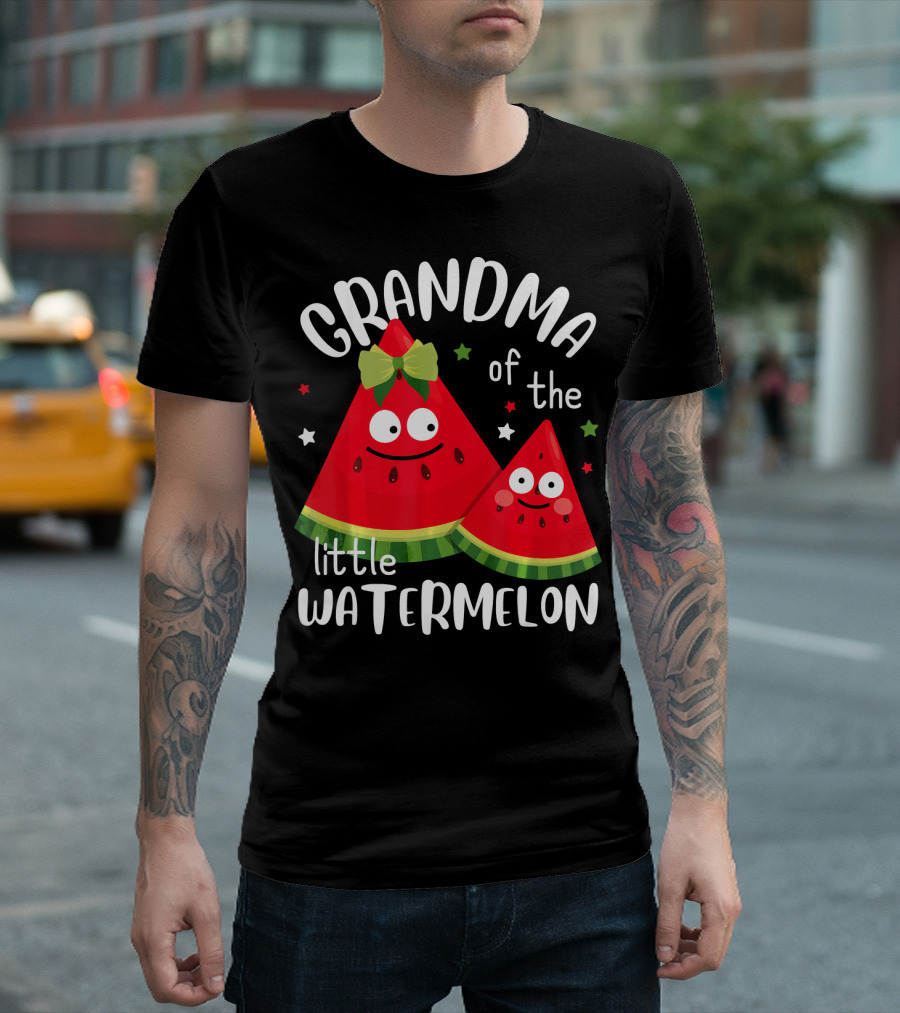 Grandma of the Little Watermelon with Smiling Cartoon Slices and Stars T-Shirt