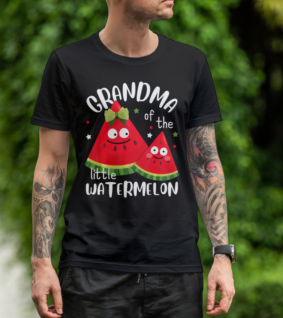 Grandma Of The Little Watermelon With Smiling Cartoon Slices And Stars T-Shirt
