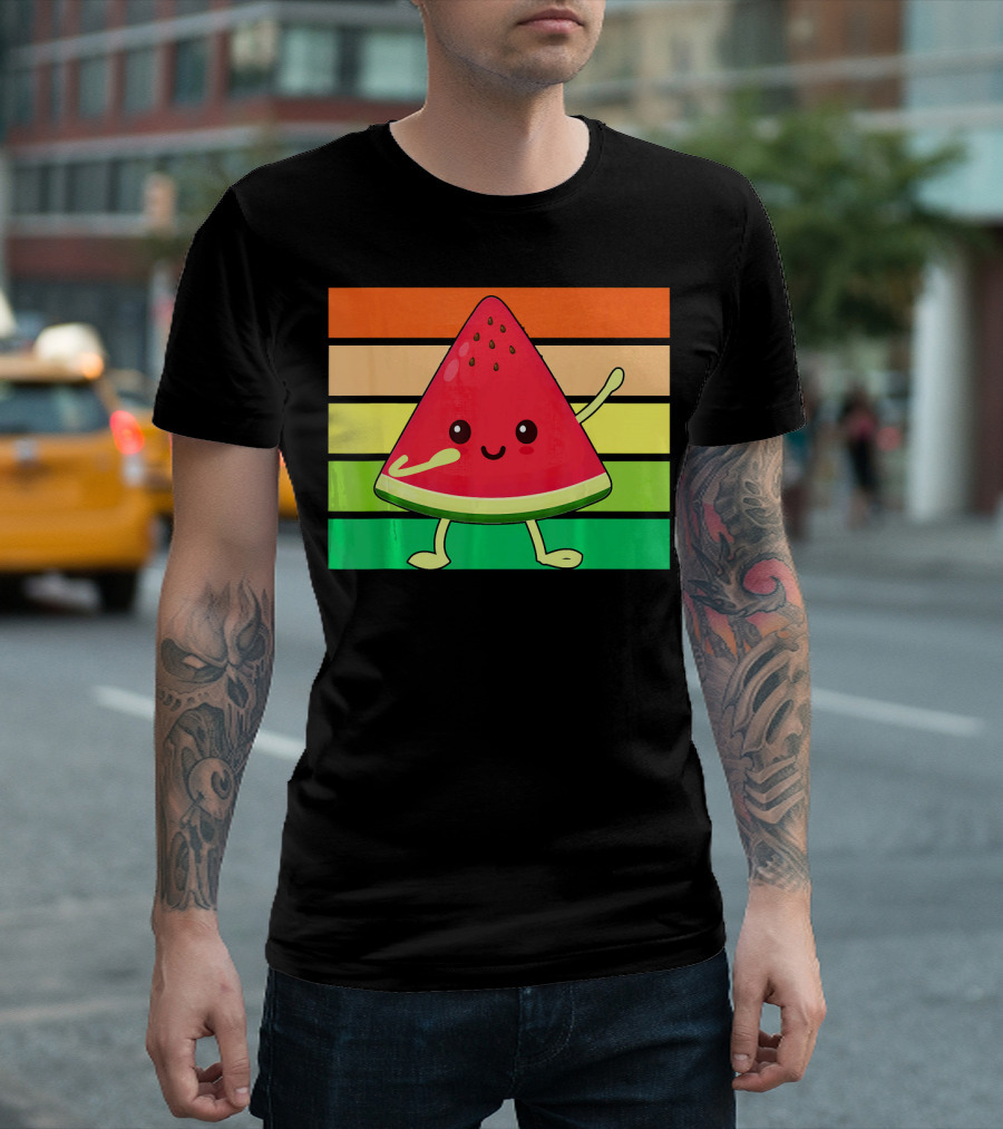 Dabbing Watermelon Retro Rainbow Stripes T-Shirt