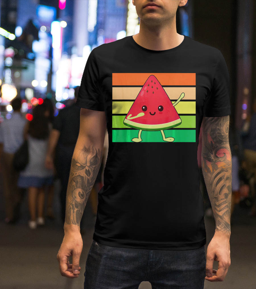 Dabbing Watermelon Retro Rainbow Stripes T-Shirt