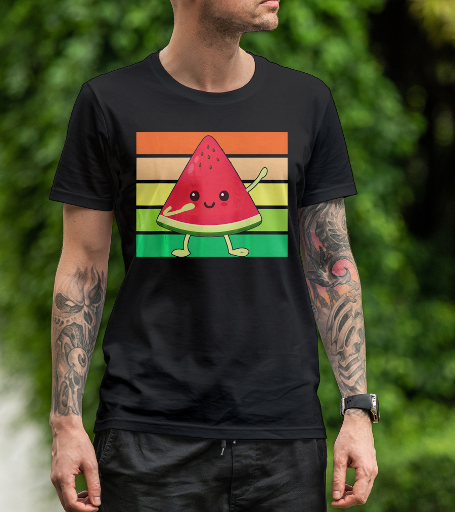 Dabbing Watermelon Retro Rainbow Stripes T-Shirt