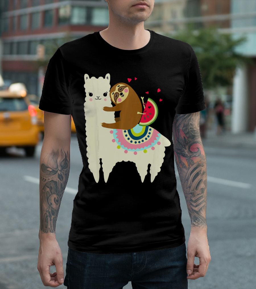 Sloth Hugging Watermelon with Hearts on Colorful Llama T-Shirt