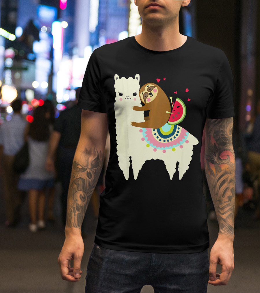 Sloth Hugging Watermelon With Hearts On Colorful Llama T-Shirt