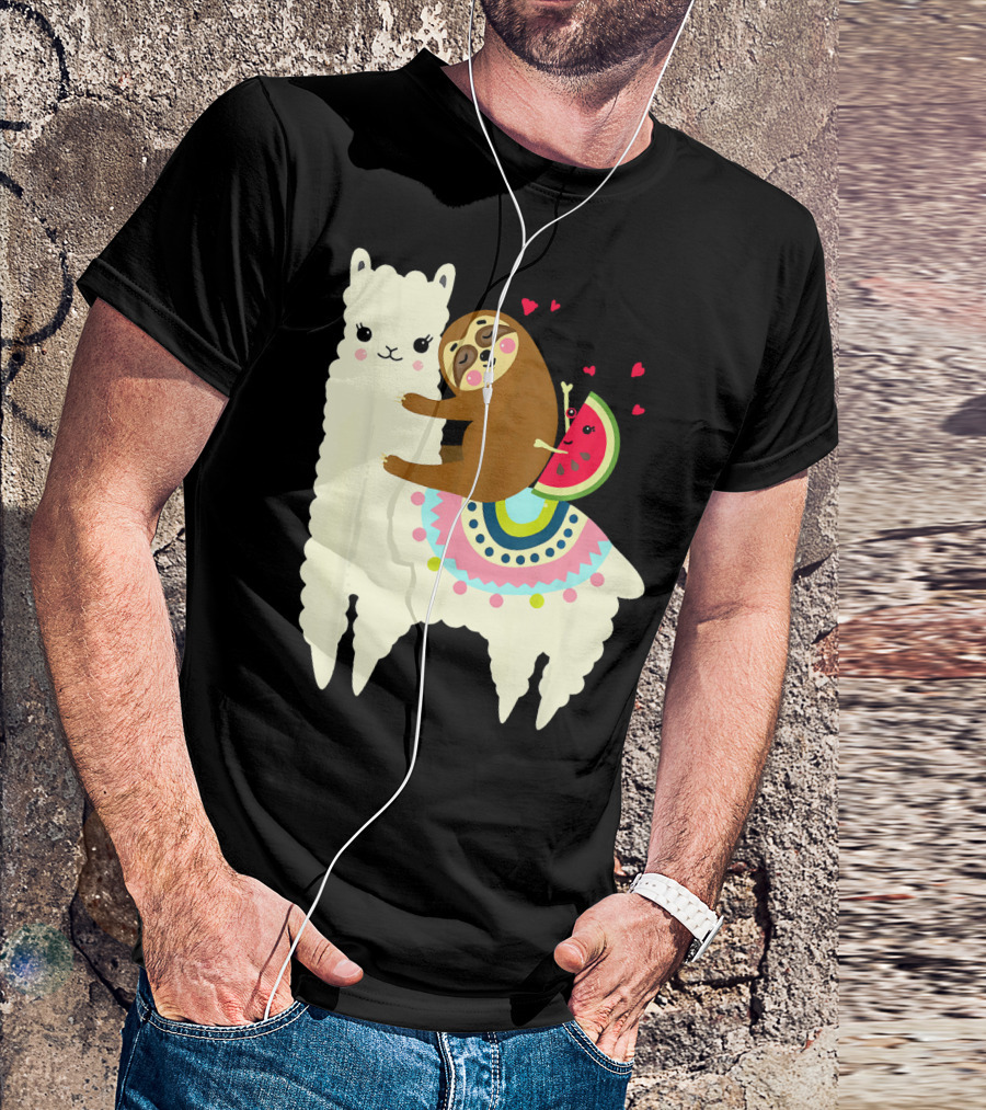 Sloth Hugging Watermelon With Hearts On Colorful Llama T-Shirt