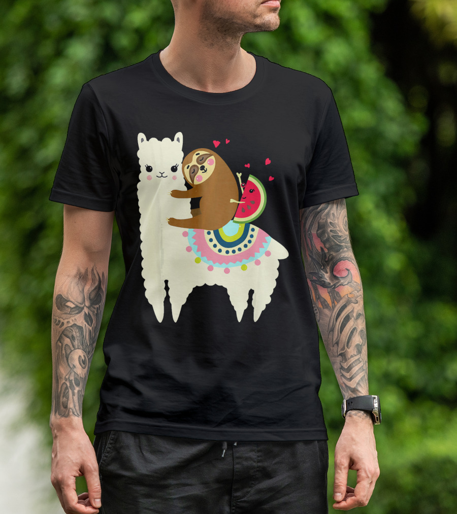 Sloth Hugging Watermelon With Hearts On Colorful Llama T-Shirt