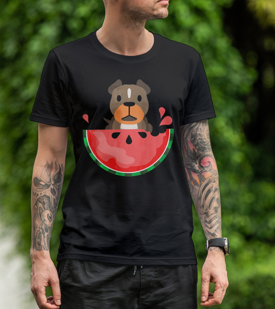 Playful Pit Bull In Watermelon Splash For Summer Vibes T-Shirt