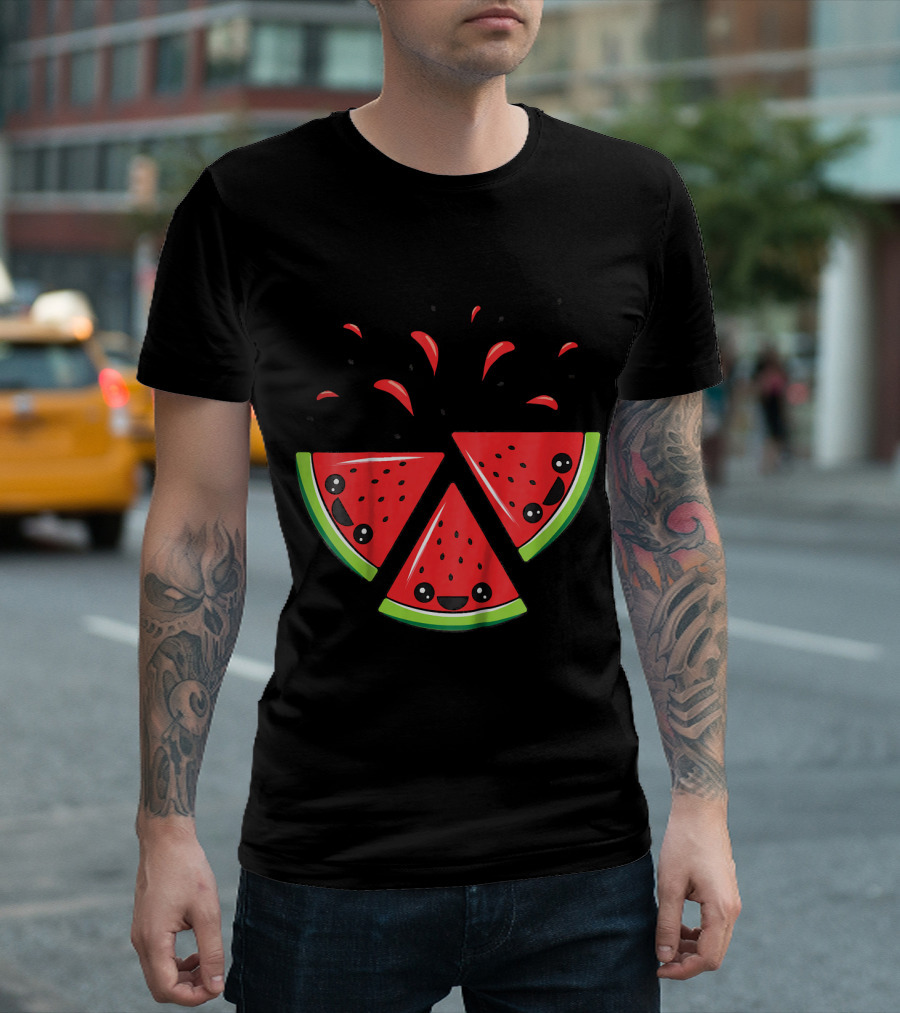 Kids Cute Watermelon Slices With Smiling Faces and Seeds T-Shirt