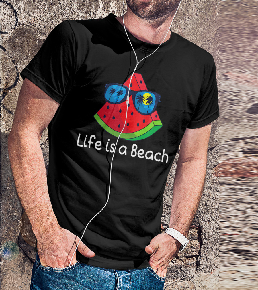 Life Is A Beach Watermelon Sunglasses With Palm Trees And Sunset T-Shirt
