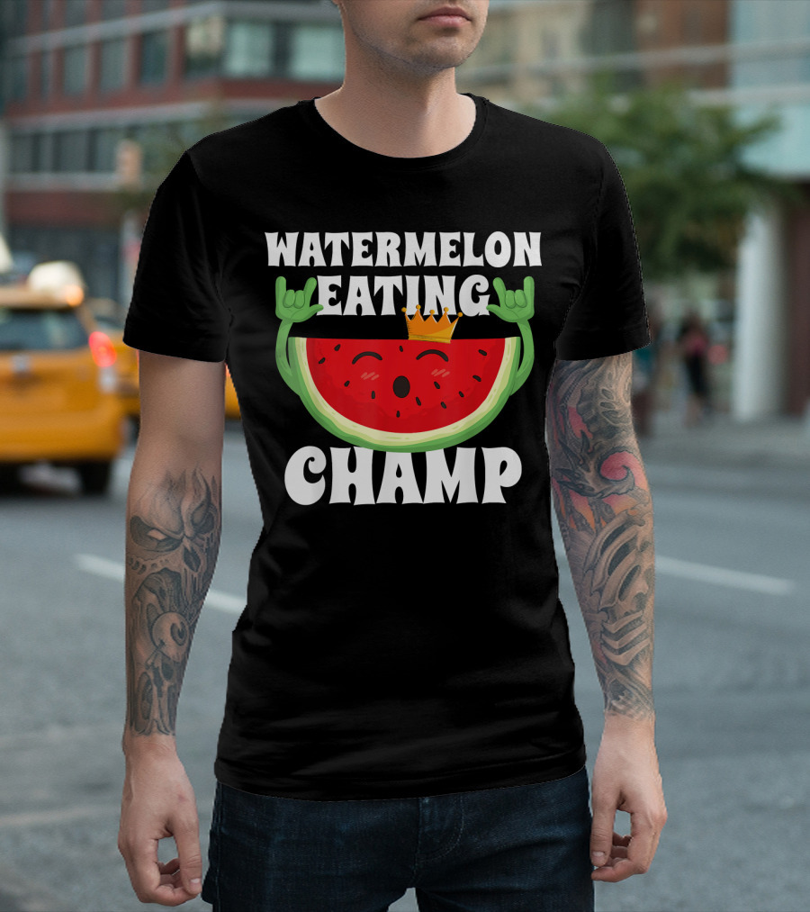 Watermelon Eating Champ Melon Contest Co King with Crown Celebrating Victory T-Shirt