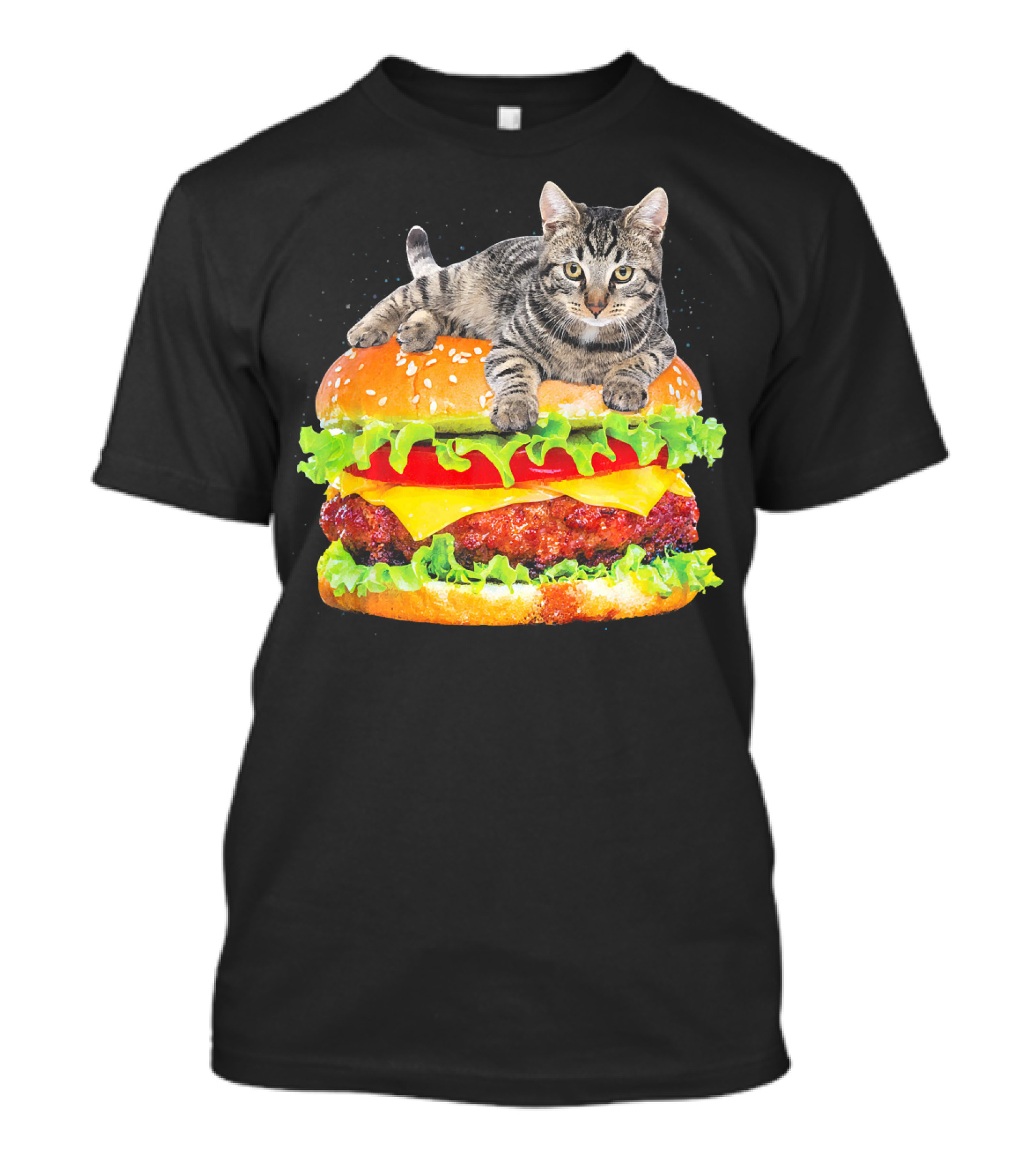 Funny Space Cat On Giant Hamburger T-Shirt