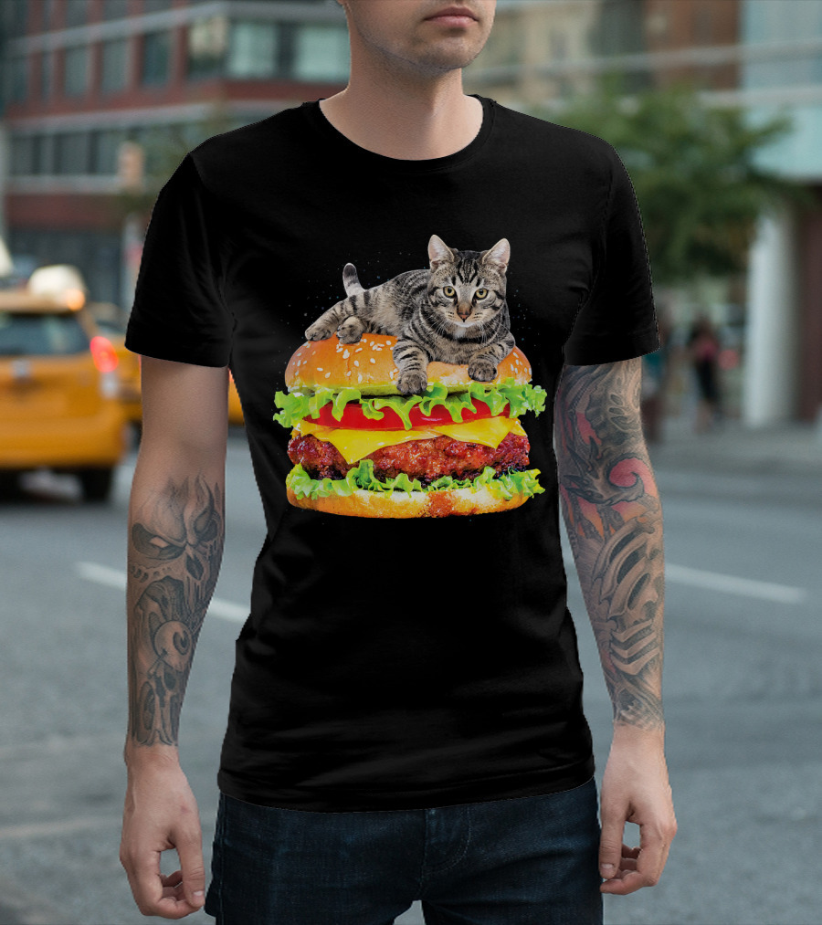 Funny Space Cat on Giant Hamburger T-Shirt