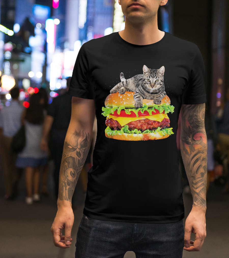 Funny Space Cat On Giant Hamburger T-Shirt