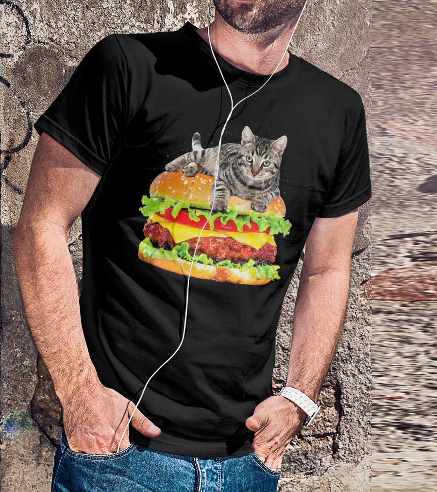 Funny Space Cat On Giant Hamburger T-Shirt