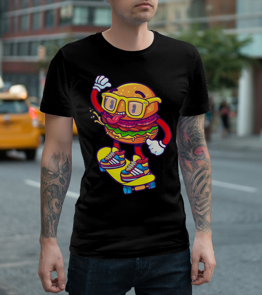Skateboarding Cheeseburger Cartoon with Glasses and Sneakers T-Shirt
