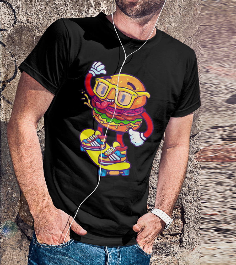 Skateboarding Cheeseburger Cartoon With Glasses And Sneakers T-Shirt