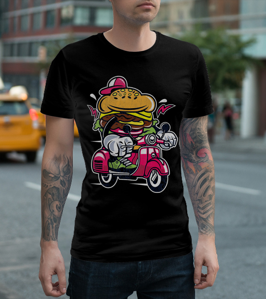 Vintage Scooter Burger Cartoon Rider T-Shirt
