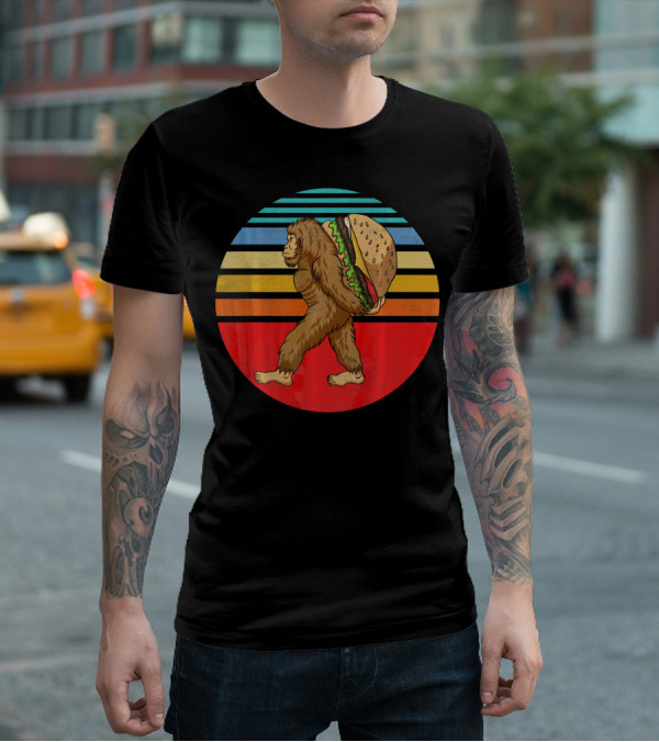 Vintage Bigfoot Carrying Hamburger Retro Stripes T-Shirt