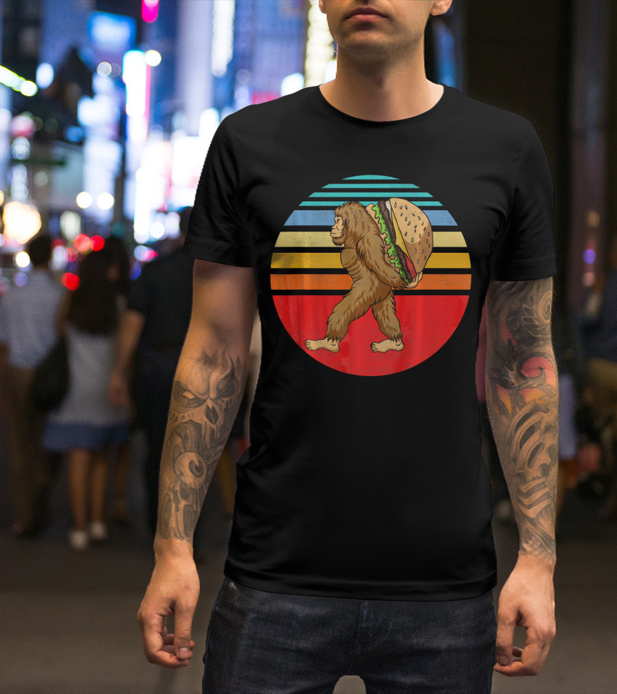 Vintage Bigfoot Carrying Hamburger Retro Stripes T-Shirt