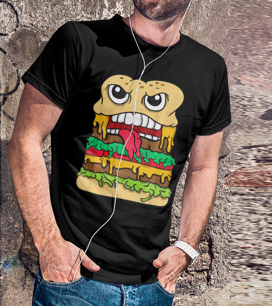 Burger Hamburger Cheeseburger Face With Tongue Out Lettuce And Cheese Layers T-Shirt