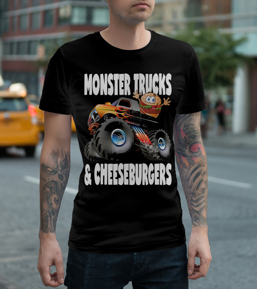 Monster Trucks and Cheeseburgers with Cartoon Cheeseburger Driver T-Shirt