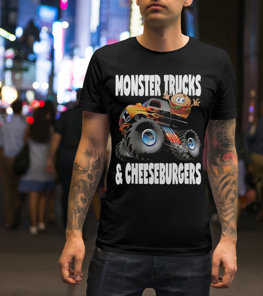 Monster Trucks And Cheeseburgers With Cartoon Cheeseburger Driver T-Shirt