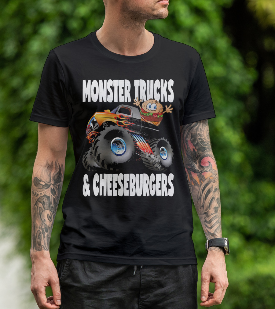 Monster Trucks And Cheeseburgers With Cartoon Cheeseburger Driver T-Shirt