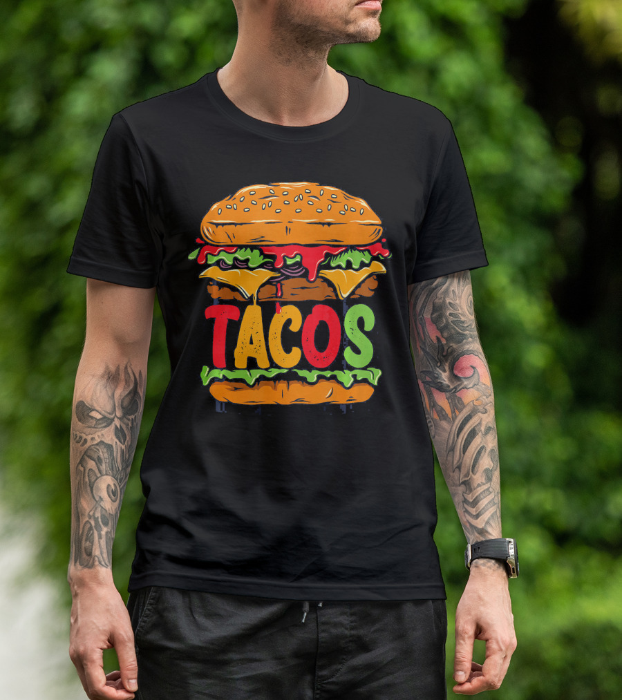 Tacurger Burger Mexican Tortilla Tacos Bold Colorful Lettuce Cheese Combo T-Shirt