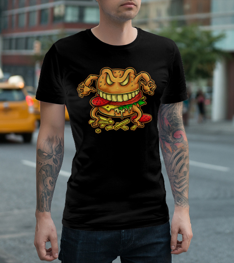 Giant Monster Burger with Muscular Arms and Fries T-Shirt