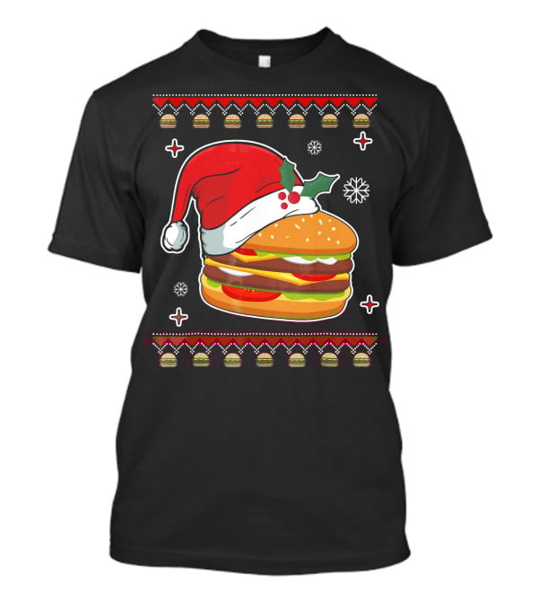 Santa Hat Hamburger Christmas Ugly T-Shirt