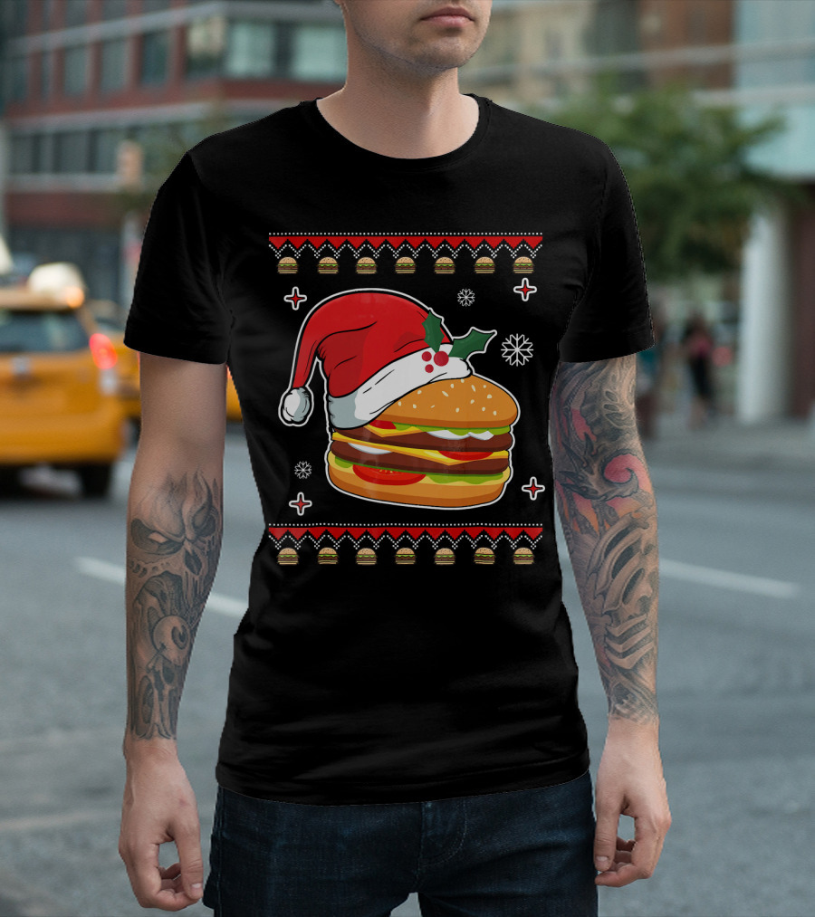 Santa Hat Hamburger Christmas Ugly T-Shirt