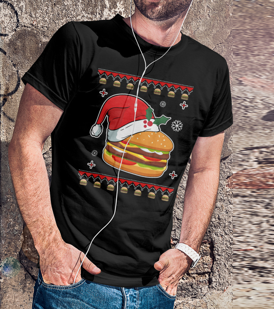 Santa Hat Hamburger Christmas Ugly T-Shirt