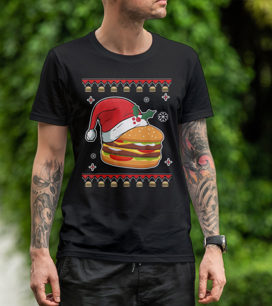 Santa Hat Hamburger Christmas Ugly T-Shirt