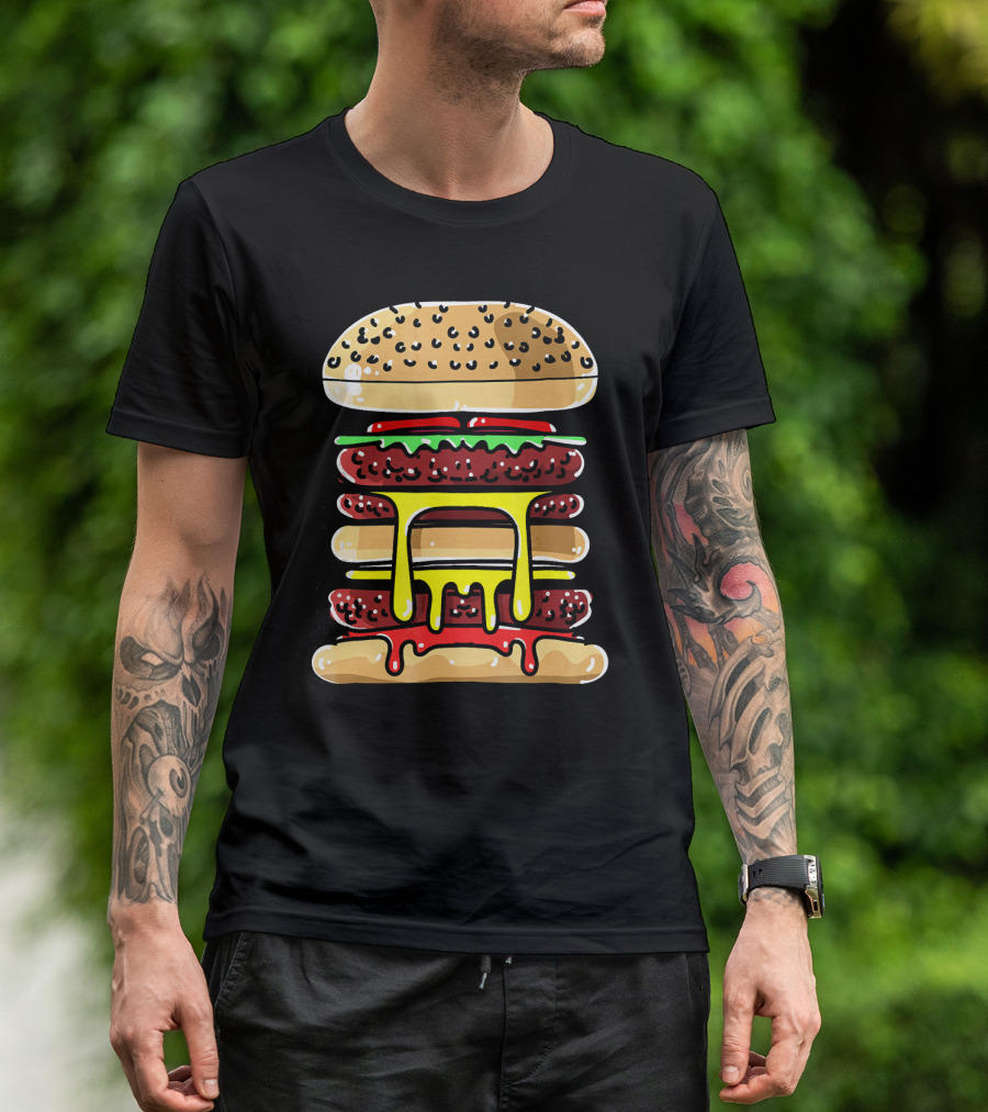 Hamburger Cheeseburger Layered Dripping Fast Food Comic T-Shirt