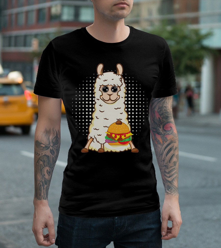 Llama Surprise Funny Sitting with Giant Burger T-Shirt
