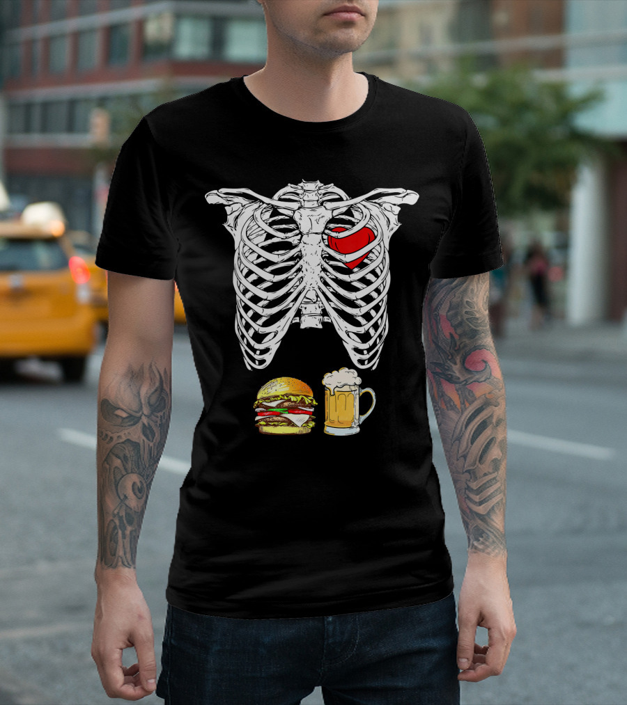 Ribcage Xray Skeleton With Heart Burger And Beer T-Shirt