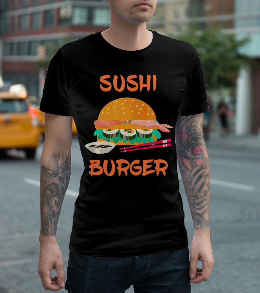 Sushi Burger Japanese Food Hamburger Fusion with Rice Rolls and Chopsticks T-Shirt