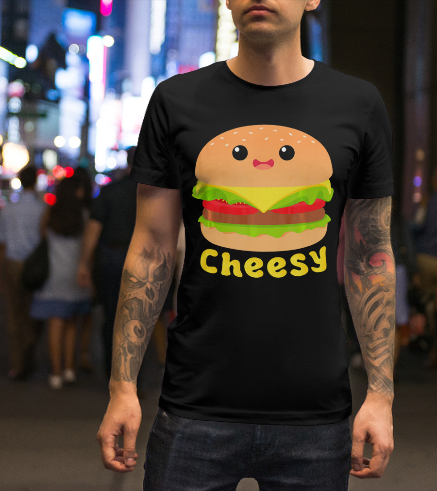 Cheesy Cute Funny Cheese Burger Food Pun Adorable Smiling Burger T-Shirt
