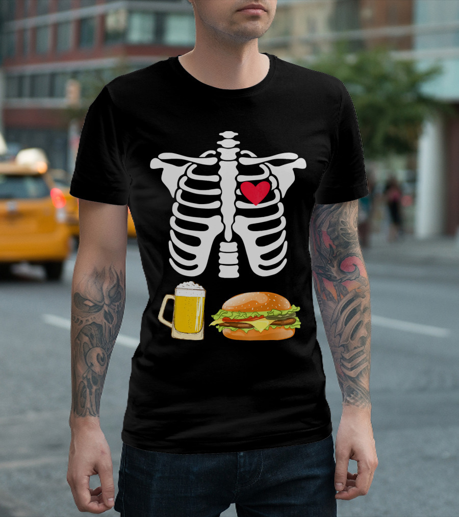 Beer and Burger Heart Ribcage Skeleton T-Shirt