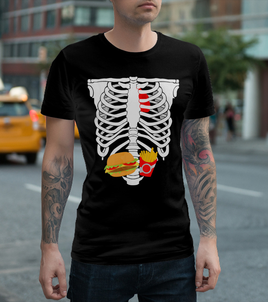 Skeleton Ribcage with Burger and Fries T-Shirt