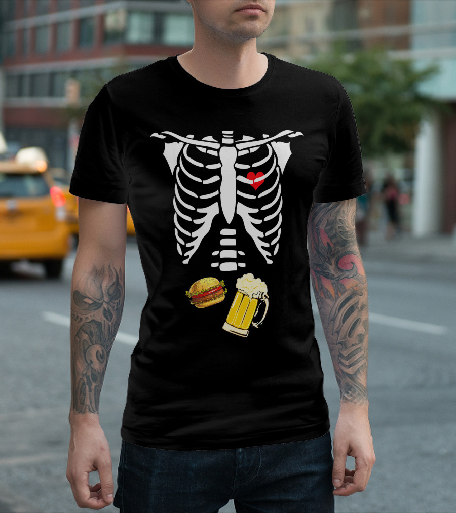 Beer Hamburger Skeleton Ribcage Heart T-Shirt