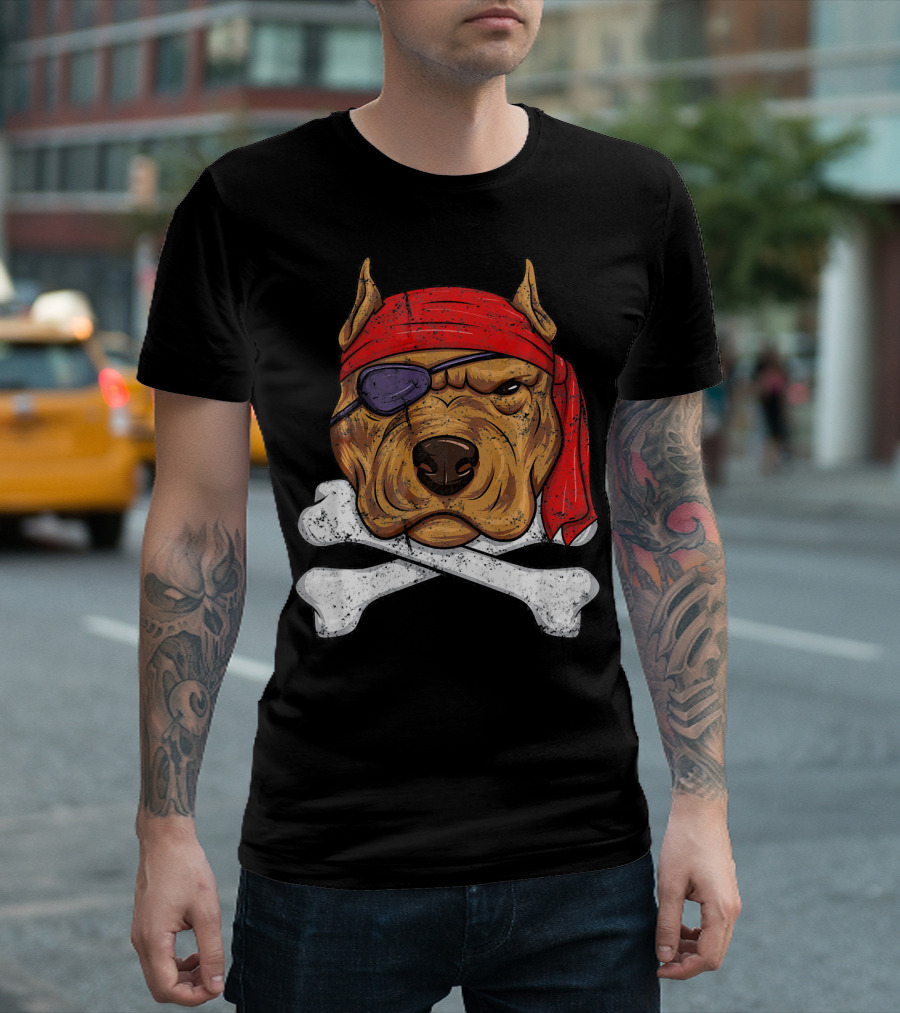 Vintage Pirate Dog Funny Puppy Crossbones Eyepatch Red Bandana T-Shirt