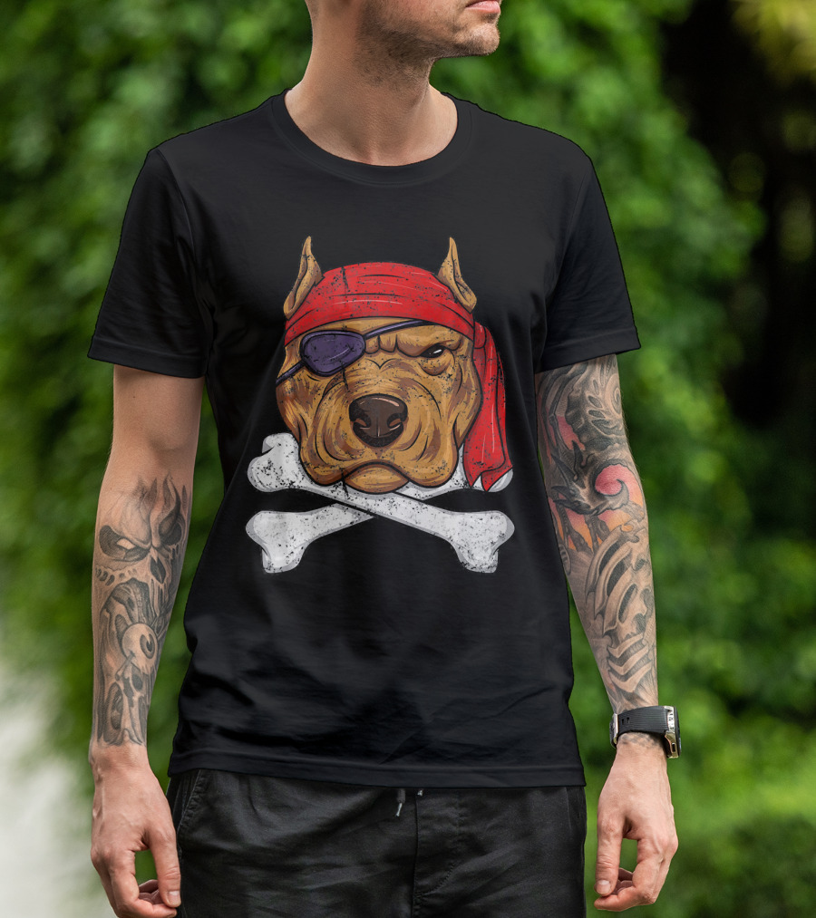 Vintage Pirate Dog Funny Puppy Crossbones Eyepatch Red Bandana T-Shirt