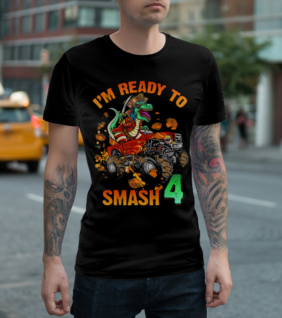 Halloween Pirate Monster Truck Dinosaur I'm Ready to Smash 4 T-Shirt