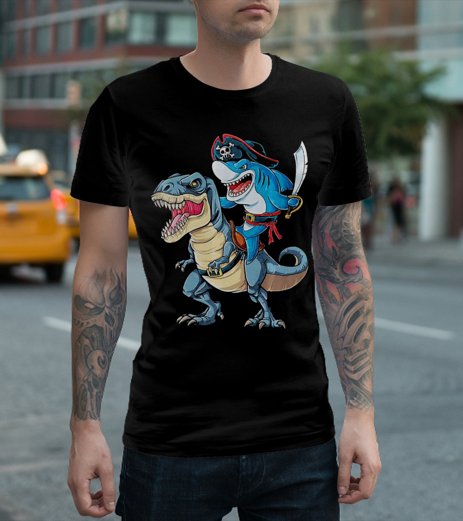 Pirate Shark Wielding Sword Riding Rex Dinosaur T-Shirt
