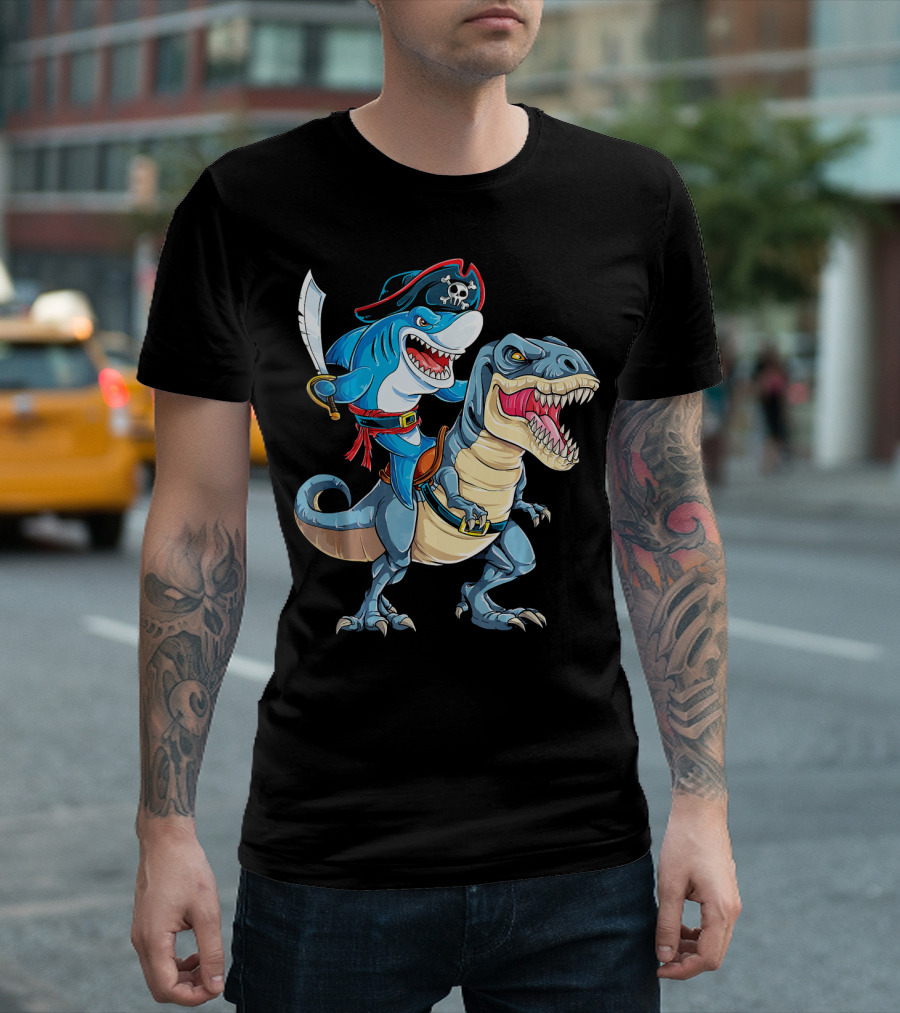 Pirate Shark Riding a Dinosaur T-Rex Jaws T-Shirt