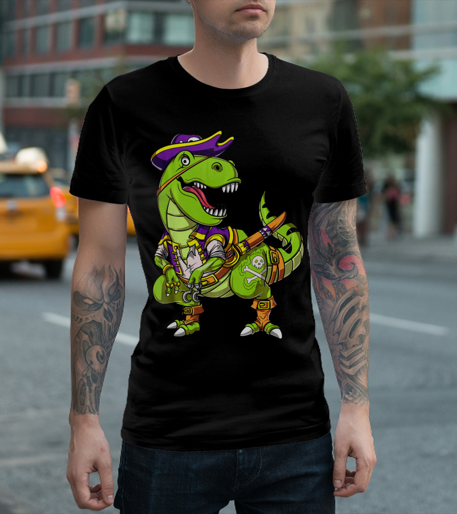 T Rex Dinosaur Pirate Captain With Hat And Hook In Green And Purple T-Shirt