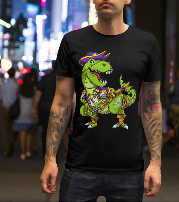 T Rex Dinosaur Pirate Captain With Hat And Hook In Green And Purple T-Shirt