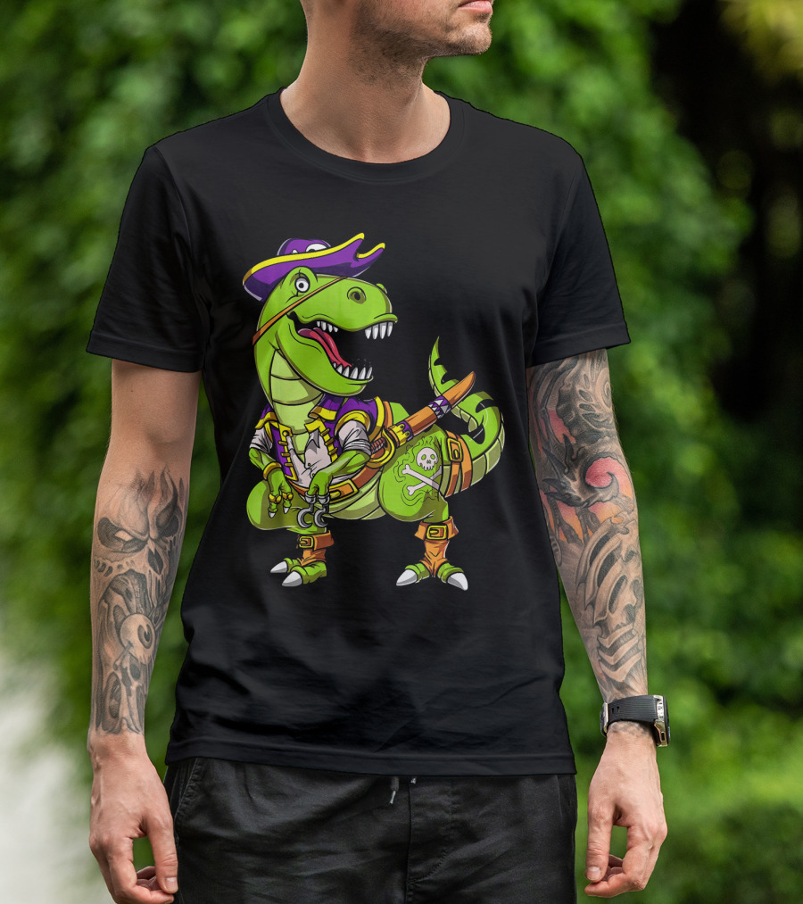 T Rex Dinosaur Pirate Captain With Hat And Hook In Green And Purple T-Shirt