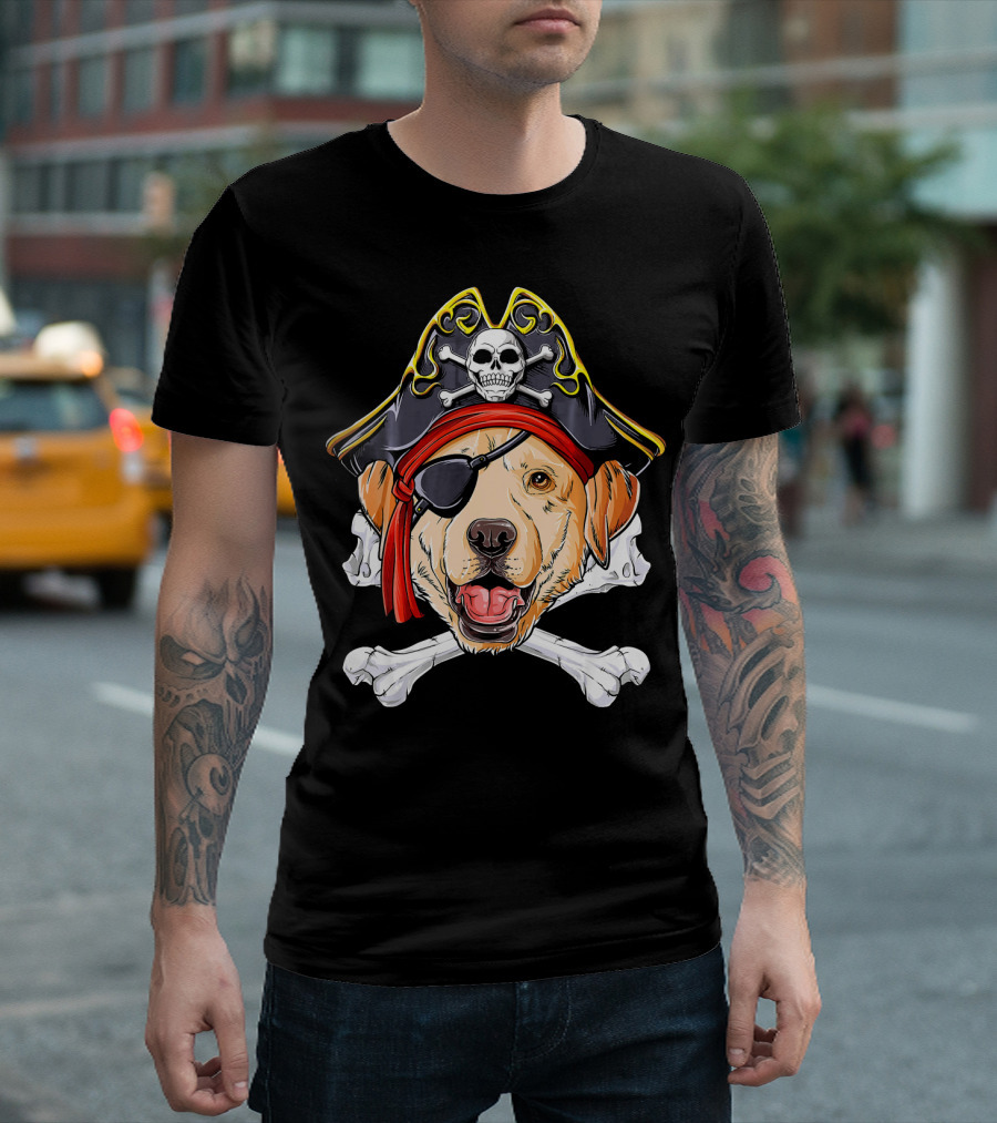 Labrador with Pirate Skull Hat and Crossbones T-Shirt