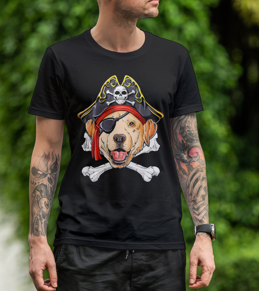 Labrador With Pirate Skull Hat And Crossbones T-Shirt